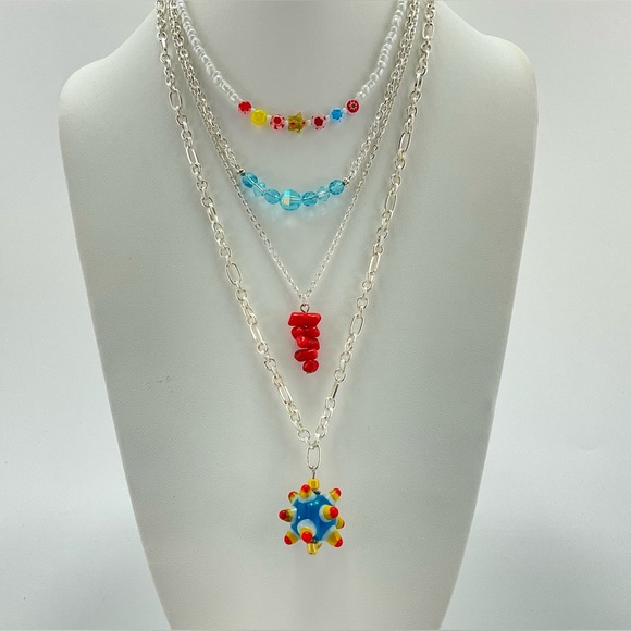 Artisan Jewelry - Colorful Layering Necklaces, Handmade, Set of 4, Art Glass Beads, Crystals